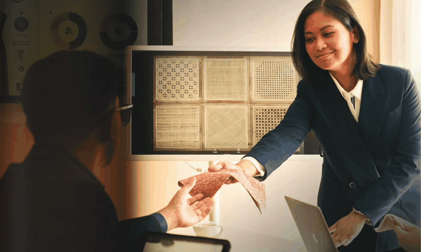 Businesswoman handing a woven fabric swatch to a colleague in a meeting room, Seda Ayala Center Cebu advertisement
