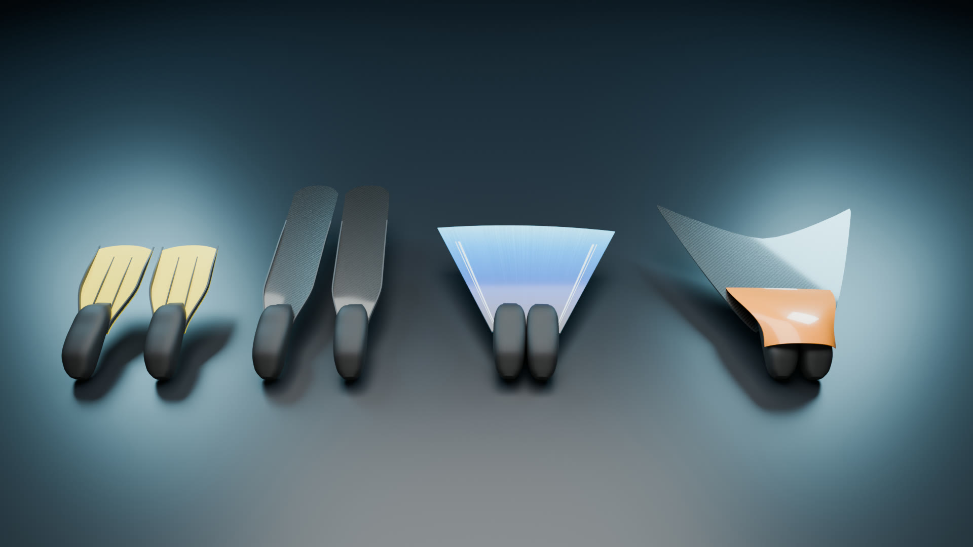 Product lineup of the four fins on a dark floor