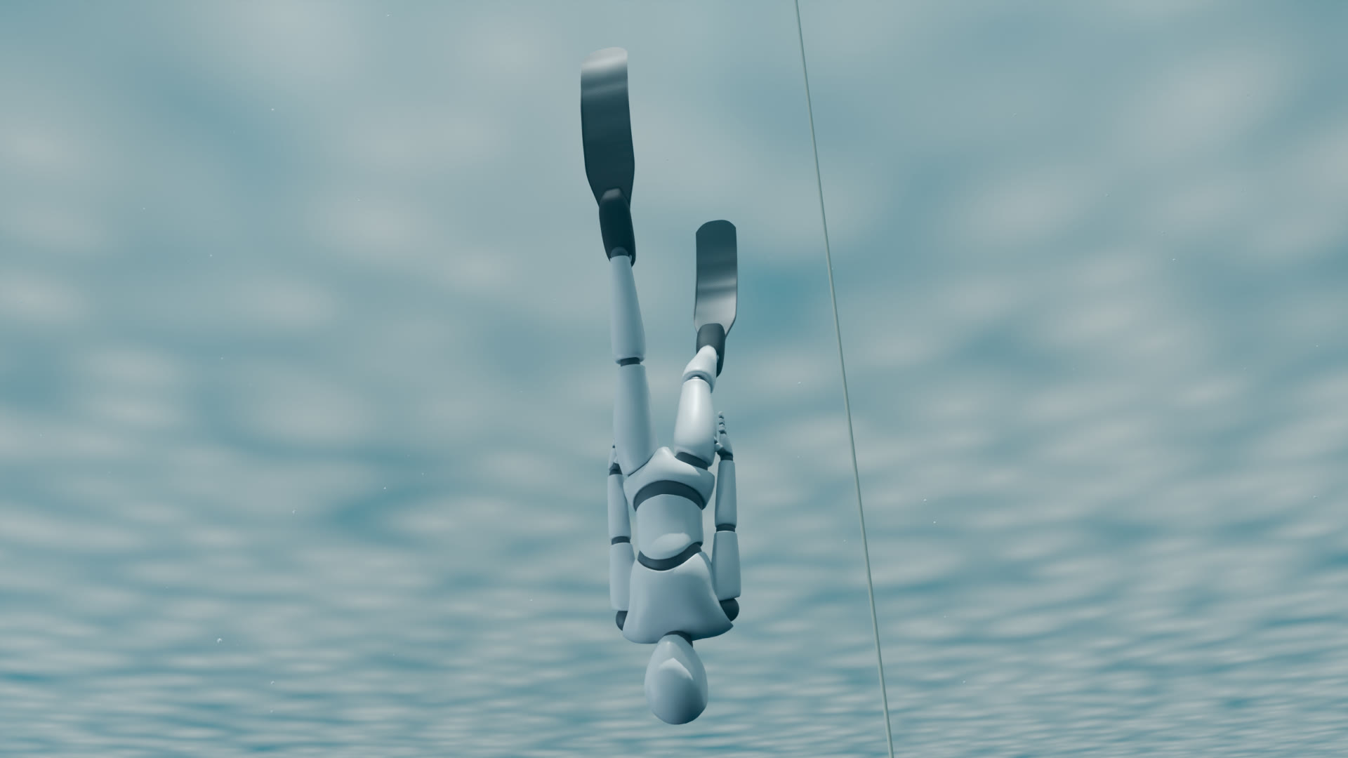 Diver descending head-down beside a dive line under a rippled surface