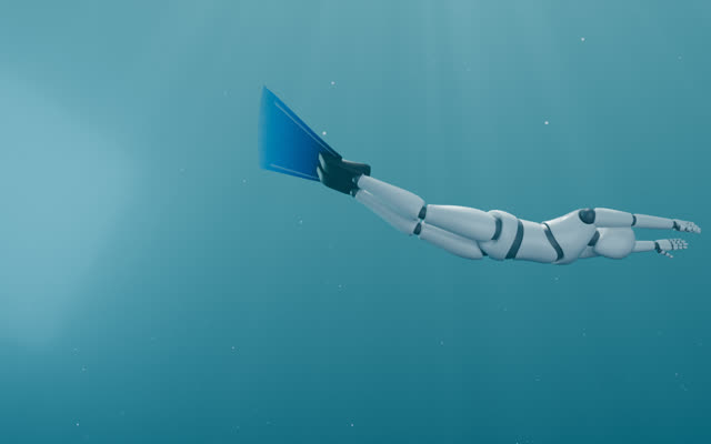 Diver with a blue delta monofin in streamline