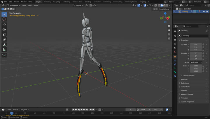 Blender pose mode with fin bone chains highlighted