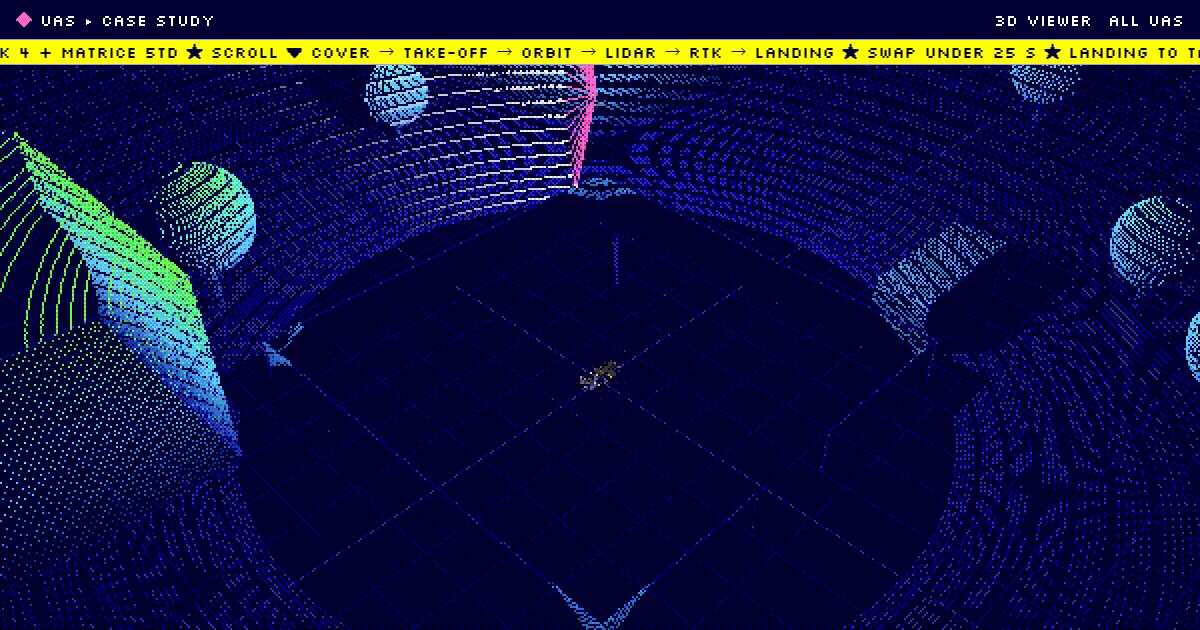 Simulated LiDAR point cloud around the hovering aircraft, coloured by height, with the beam fan in pink