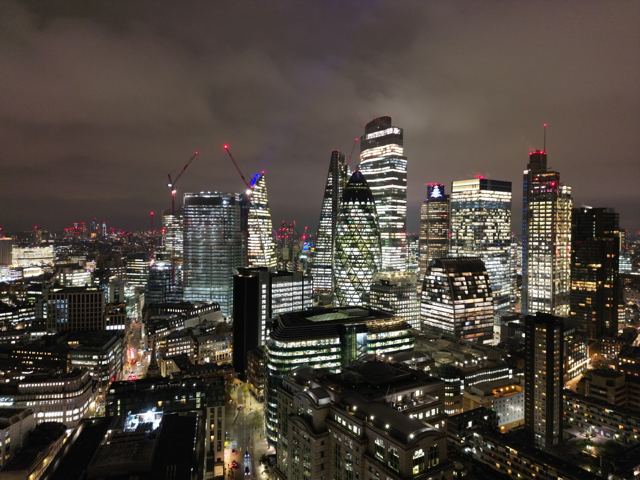 City of London at night, drone photo, Dec 2022