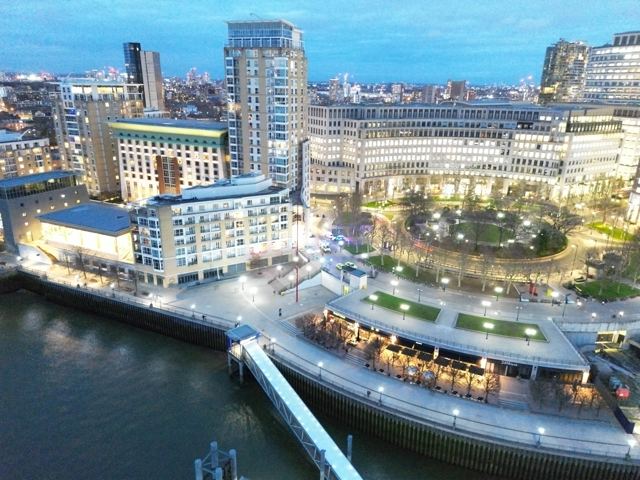 Canary Wharf from the river, drone photo, Feb 2023
