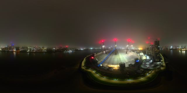The O2 at night, drone photo, Dec 2024
