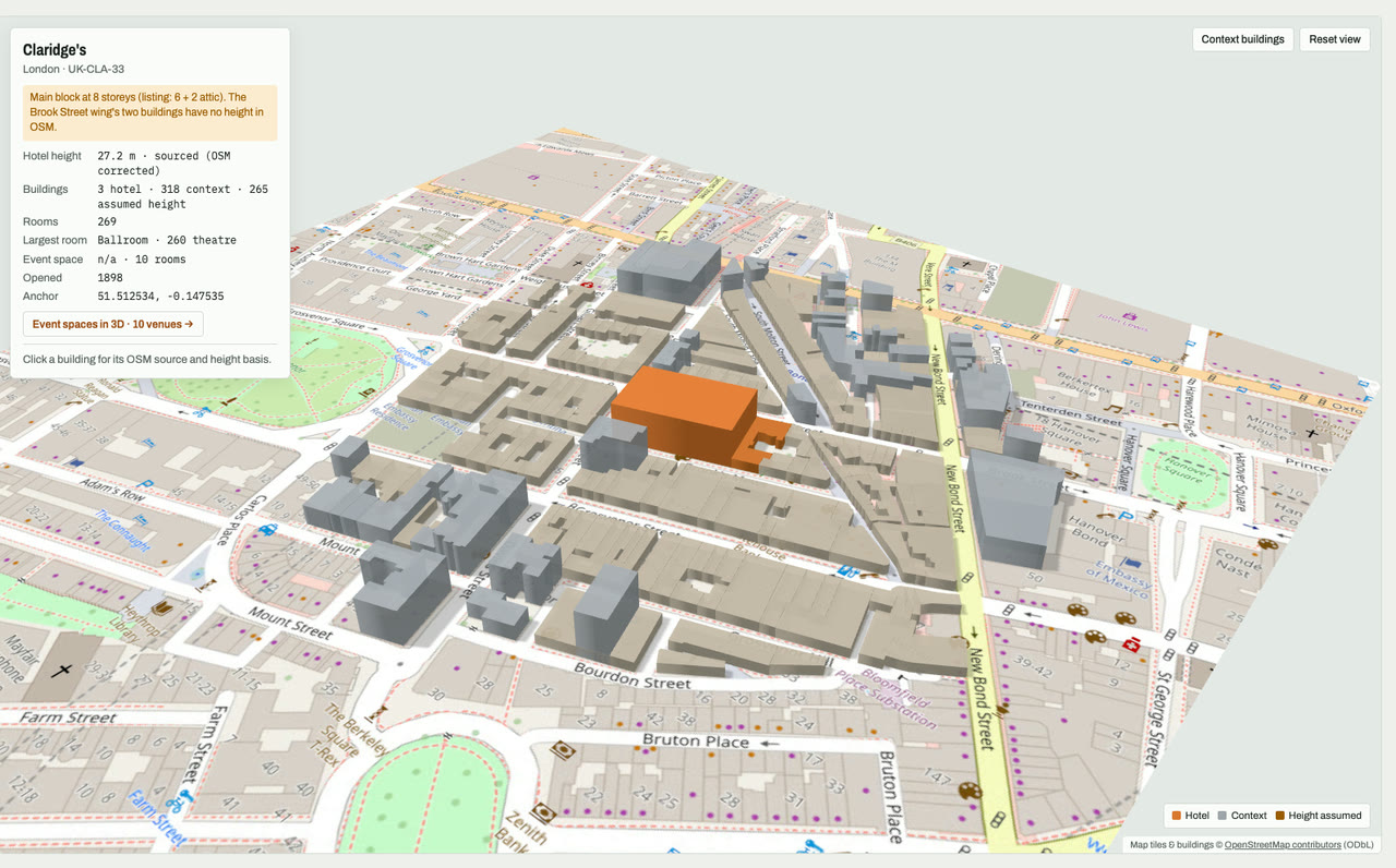 3D massing model of Claridge's in London, UK, its tallest building about 27 m: the hotel's buildings in orange among grey neighbouring buildings on an OpenStreetMap street map. Model by Budots Media.