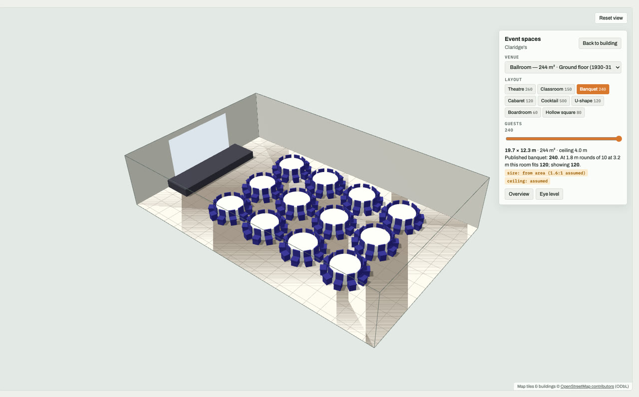 Ballroom at Claridge's, London, drawn to scale in 3D (20 × 12 m, 244 m², ceiling 4.0 m) and set for a banquet layout of 240 guests: navy chairs around white round tables facing a stage and screen. Event-space model by Budots Media.
