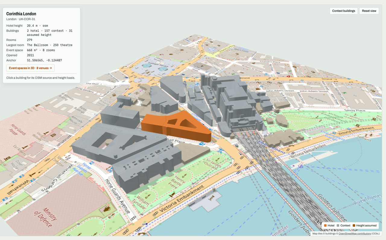 3D massing model of Corinthia London in London, UK, its tallest building about 20 m: the hotel's buildings in orange among grey neighbouring buildings on an OpenStreetMap street map. Model by Budots Media.