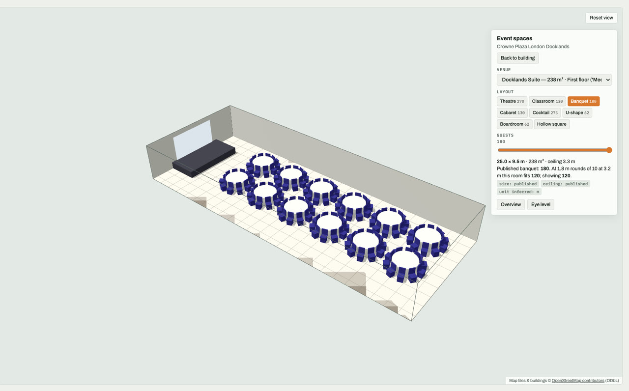 Docklands Suite at Crowne Plaza London Docklands, London, drawn to scale in 3D (25 × 10 m, 238 m², ceiling 3.2 m) and set for a banquet layout of 180 guests: navy chairs around white round tables facing a stage and screen. Event-space model by Budots Media.