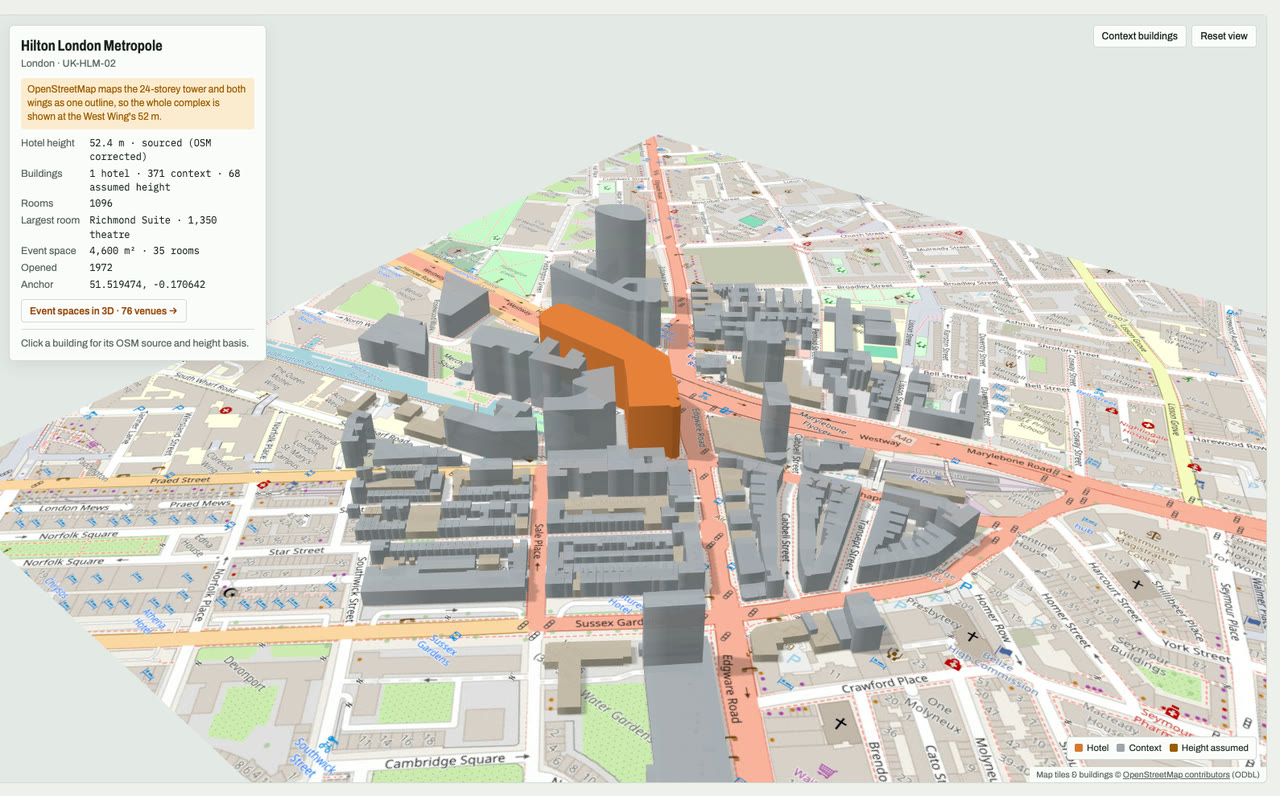 3D massing model of Hilton London Metropole in London, UK, its tallest building about 52 m: the hotel's buildings in orange among grey neighbouring buildings on an OpenStreetMap street map. Model by Budots Media.