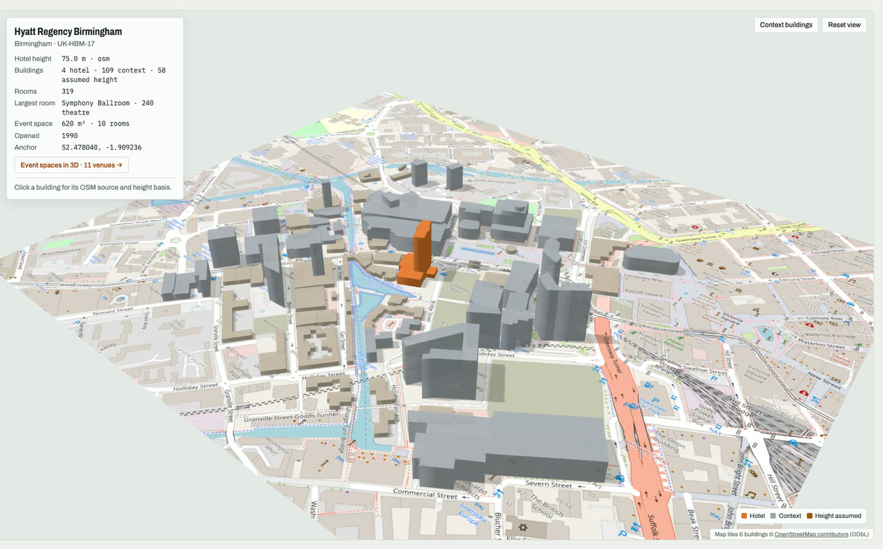3D massing model of Hyatt Regency Birmingham in Birmingham, England, UK, its tallest building about 75 m: the hotel's buildings in orange among grey neighbouring buildings on an OpenStreetMap street map. Model by Budots Media.