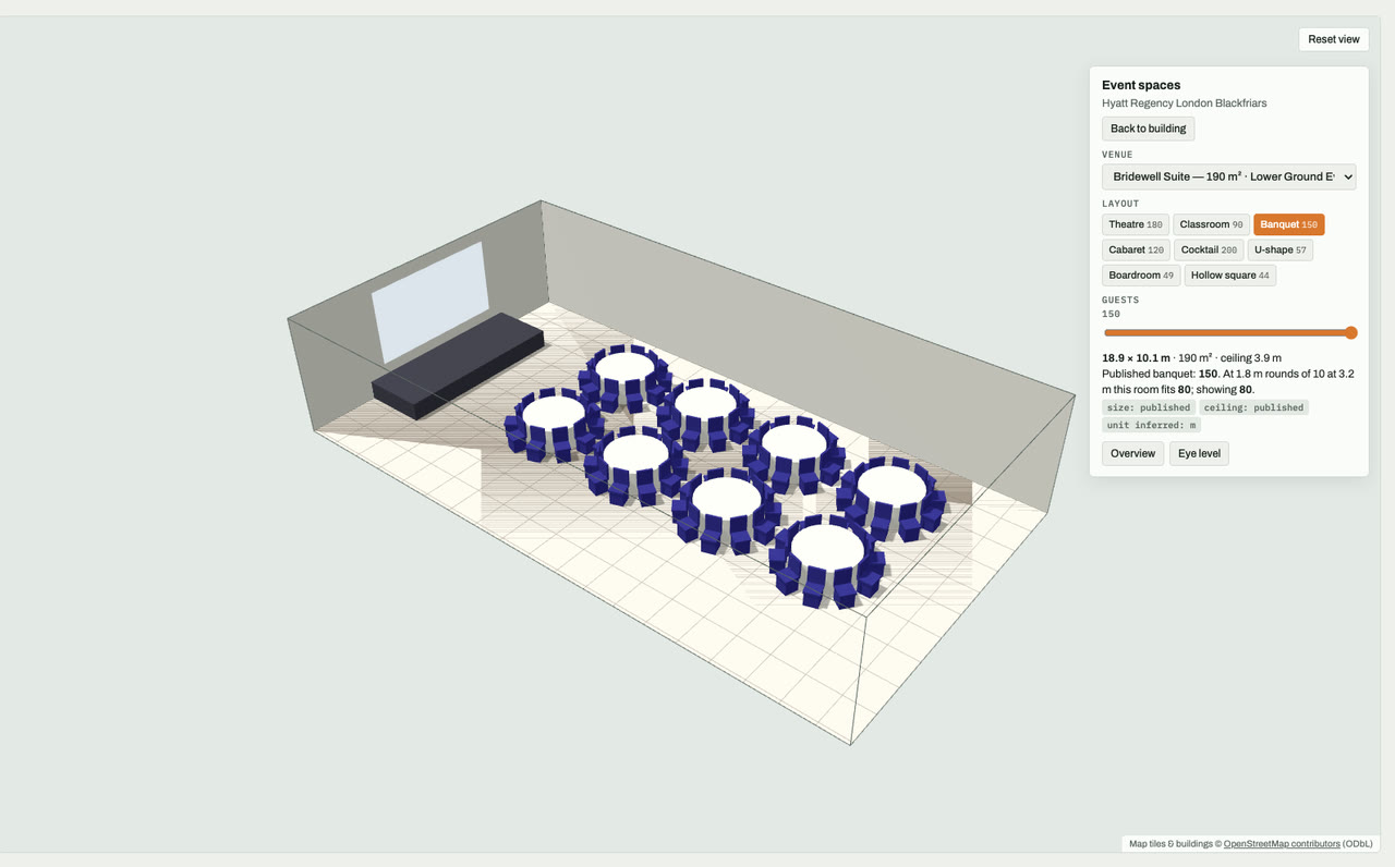 Bridewell Suite at Hyatt Regency London Blackfriars, London, drawn to scale in 3D (19 × 10 m, 190 m², ceiling 3.9 m) and set for a banquet layout of 150 guests: navy chairs around white round tables facing a stage and screen. Event-space model by Budots Media.
