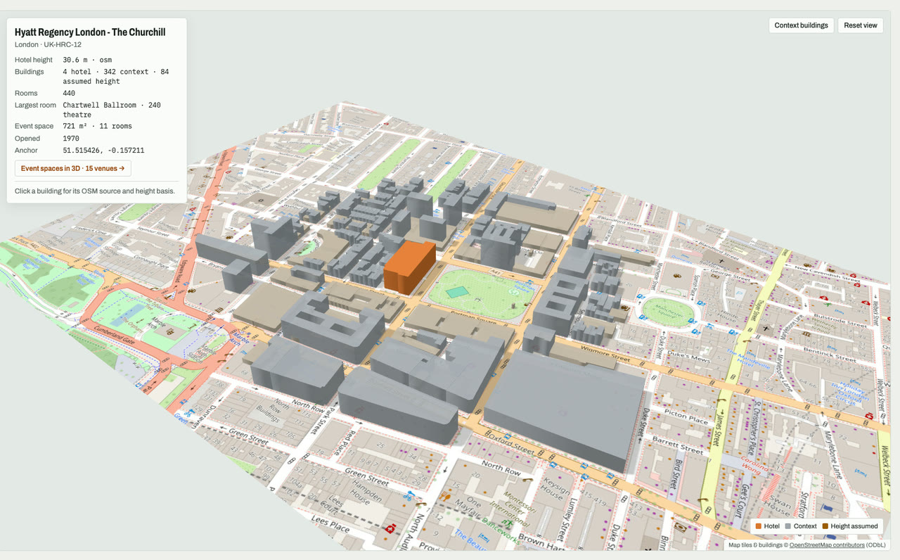 3D massing model of Hyatt Regency London - The Churchill in London, UK, its tallest building about 31 m: the hotel's buildings in orange among grey neighbouring buildings on an OpenStreetMap street map. Model by Budots Media.