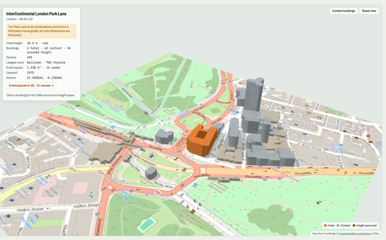 3D massing model of InterContinental London Park Lane in London, UK, its tallest building about 34 m: the hotel's buildings in orange among grey neighbouring buildings on an OpenStreetMap street map. Model by Budots Media.