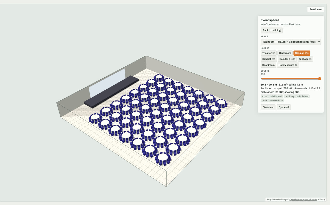 Ballroom at InterContinental London Park Lane, London, drawn to scale in 3D (30 × 29 m, 811 m², ceiling 4.1 m) and set for a banquet layout of 750 guests: navy chairs around white round tables facing a stage and screen. Event-space model by Budots Media.