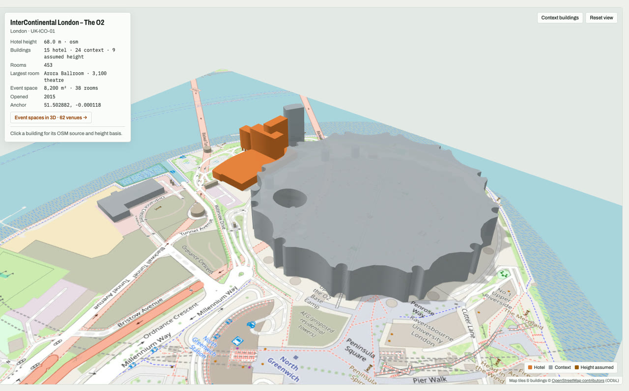 3D massing model of InterContinental London – The O2 in London, UK, its tallest building about 68 m: the hotel's buildings in orange among grey neighbouring buildings on an OpenStreetMap street map. Model by Budots Media.