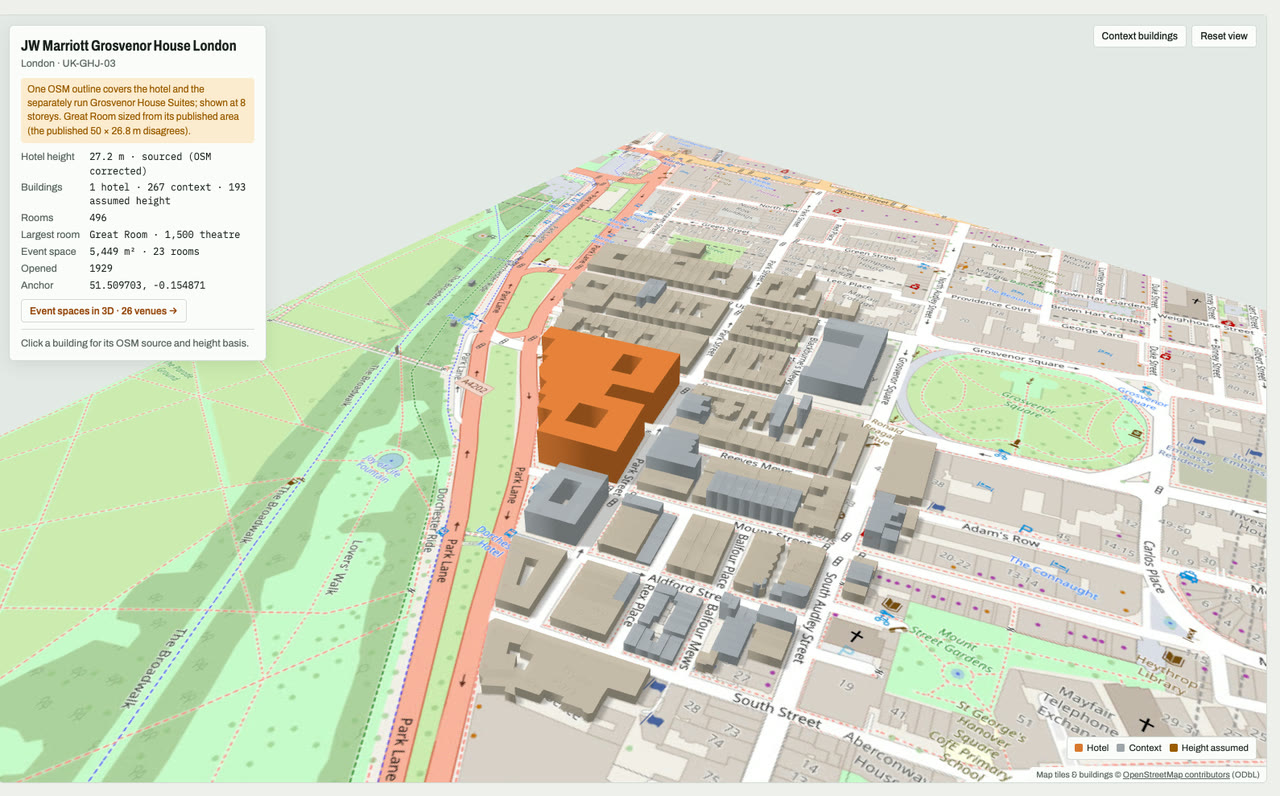 3D massing model of JW Marriott Grosvenor House London in London, UK, its tallest building about 27 m: the hotel's buildings in orange among grey neighbouring buildings on an OpenStreetMap street map. Model by Budots Media.