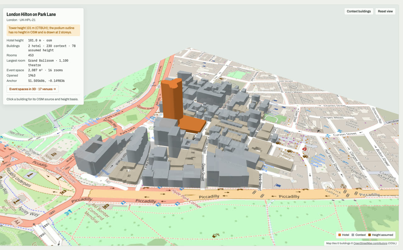 3D massing model of London Hilton on Park Lane in London, UK, its tallest building about 101 m: the hotel's buildings in orange among grey neighbouring buildings on an OpenStreetMap street map. Model by Budots Media.