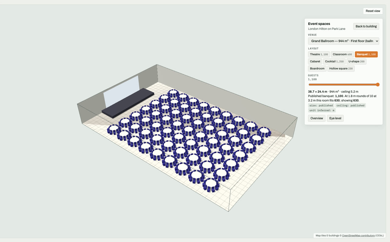 Grand Ballroom at London Hilton on Park Lane, London, drawn to scale in 3D (39 × 24 m, 944 m², ceiling 5.2 m) and set for a banquet layout of 1,100 guests: navy chairs around white round tables facing a stage and screen. Event-space model by Budots Media.