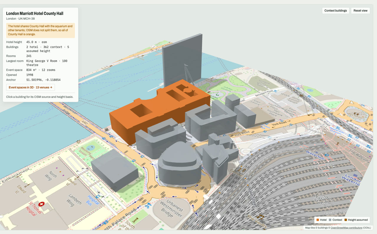 3D massing model of London Marriott Hotel County Hall in London, UK, its tallest building about 45 m: the hotel's buildings in orange among grey neighbouring buildings on an OpenStreetMap street map. Model by Budots Media.
