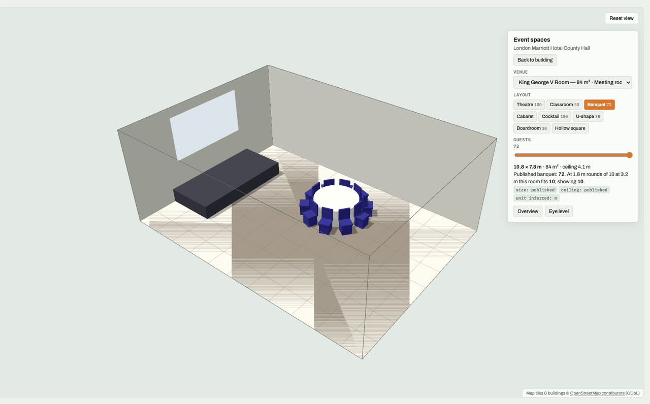 King George V Room at London Marriott Hotel County Hall, London, drawn to scale in 3D (11 × 8 m, 84 m², ceiling 4.1 m) and set for a banquet layout of 72 guests: navy chairs around white round tables facing a stage and screen. Event-space model by Budots Media.