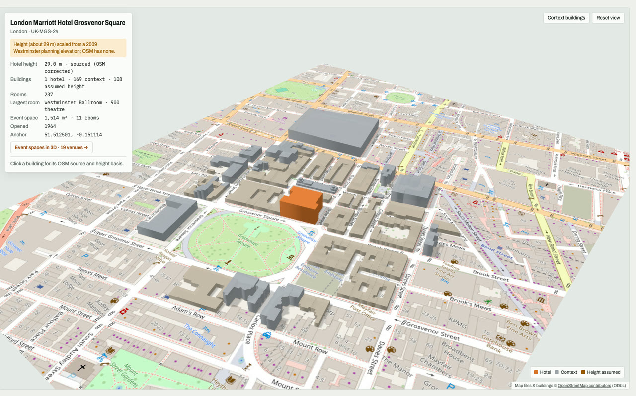 3D massing model of London Marriott Hotel Grosvenor Square in London, UK, its tallest building about 29 m: the hotel's buildings in orange among grey neighbouring buildings on an OpenStreetMap street map. Model by Budots Media.