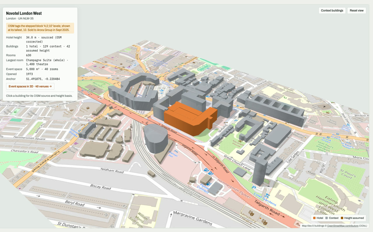 3D massing model of Novotel London West in London, UK, its tallest building about 34 m: the hotel's buildings in orange among grey neighbouring buildings on an OpenStreetMap street map. Model by Budots Media.