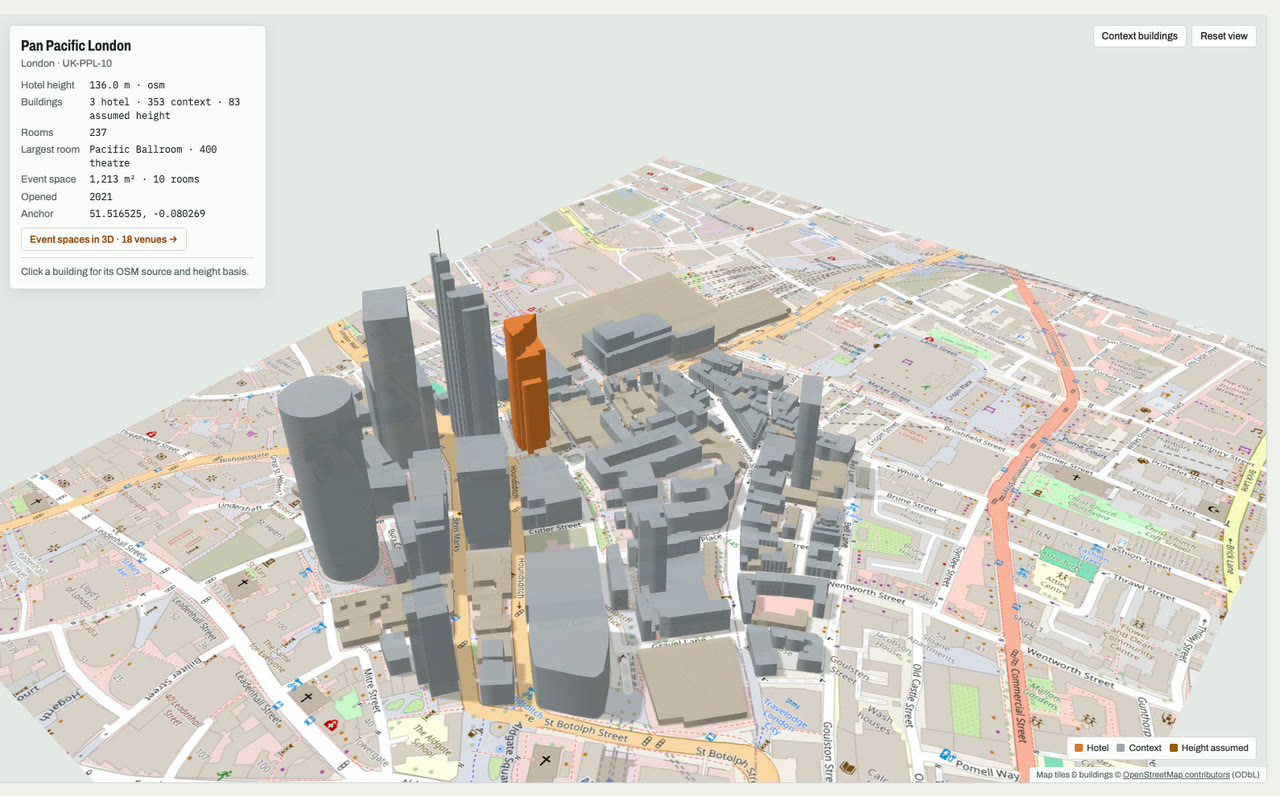 3D massing model of Pan Pacific London in London, UK, its tallest building about 136 m: the hotel's buildings in orange among grey neighbouring buildings on an OpenStreetMap street map. Model by Budots Media.
