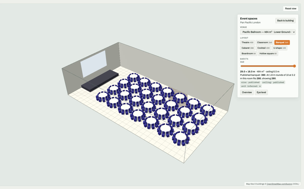 Pacific Ballroom at Pan Pacific London, London, drawn to scale in 3D (29 × 16 m, 464 m², ceiling 6.5 m) and set for a banquet layout of 360 guests: navy chairs around white round tables facing a stage and screen. Event-space model by Budots Media.