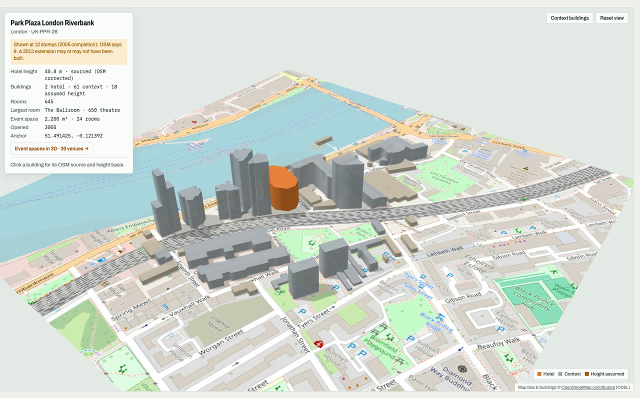 3D massing model of Park Plaza London Riverbank in London, UK, its tallest building about 41 m: the hotel's buildings in orange among grey neighbouring buildings on an OpenStreetMap street map. Model by Budots Media.