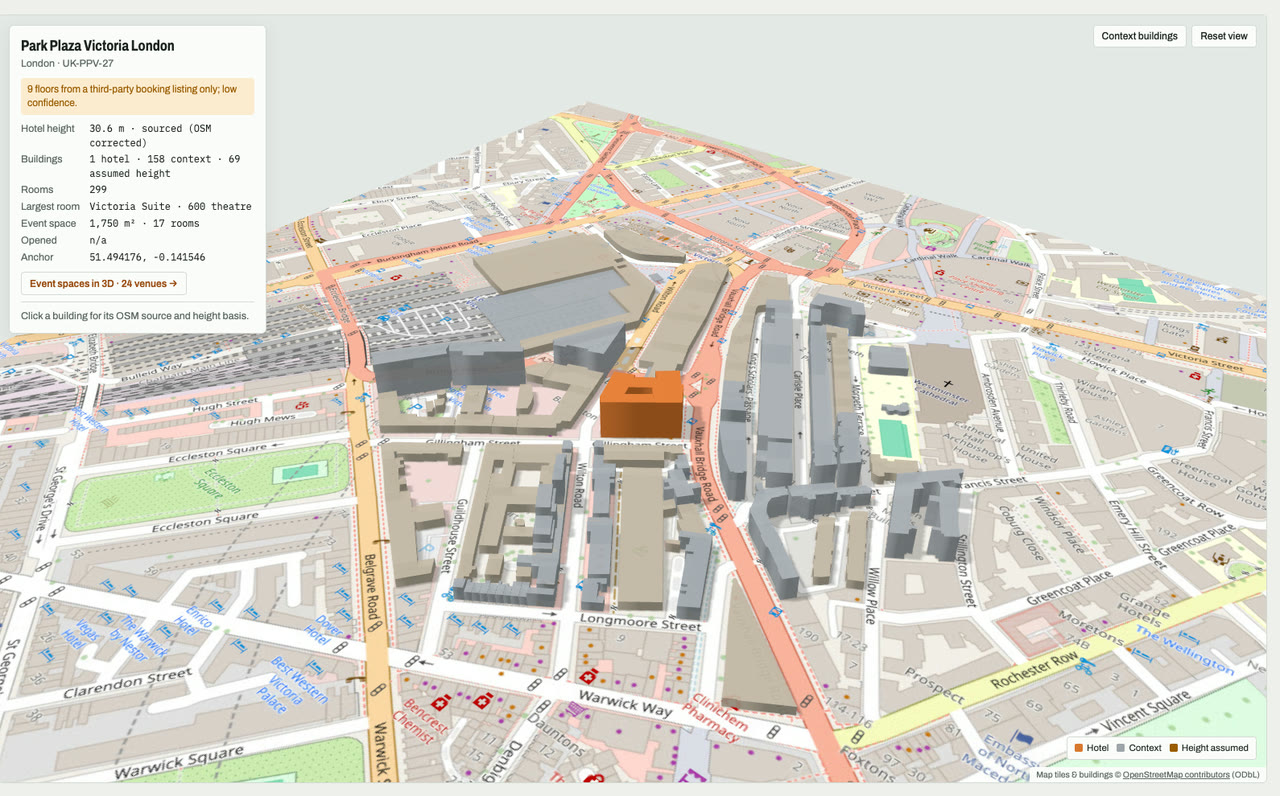 3D massing model of Park Plaza Victoria London in London, UK, its tallest building about 31 m: the hotel's buildings in orange among grey neighbouring buildings on an OpenStreetMap street map. Model by Budots Media.