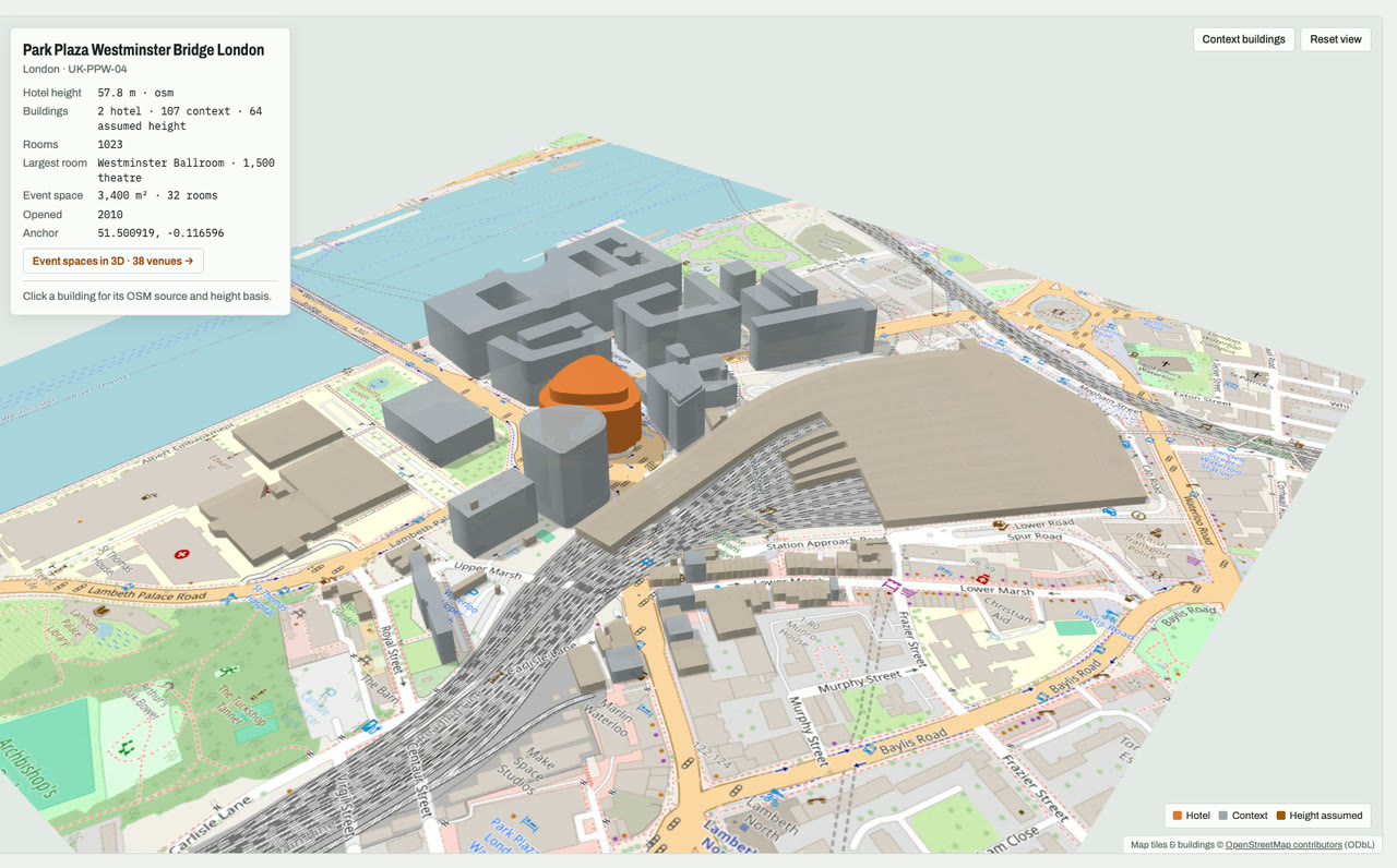 3D massing model of Park Plaza Westminster Bridge London in London, UK, its tallest building about 58 m: the hotel's buildings in orange among grey neighbouring buildings on an OpenStreetMap street map. Model by Budots Media.