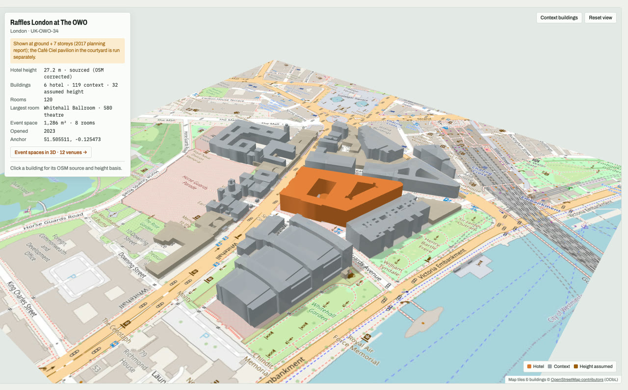 3D massing model of Raffles London at The OWO in London, UK, its tallest building about 27 m: the hotel's buildings in orange among grey neighbouring buildings on an OpenStreetMap street map. Model by Budots Media.