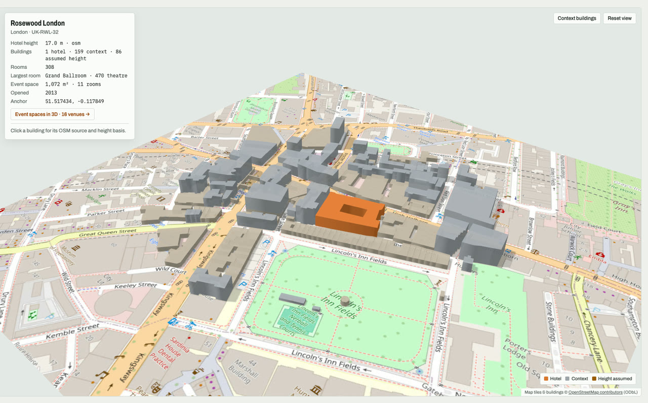 3D massing model of Rosewood London in London, UK, its tallest building about 17 m: the hotel's buildings in orange among grey neighbouring buildings on an OpenStreetMap street map. Model by Budots Media.