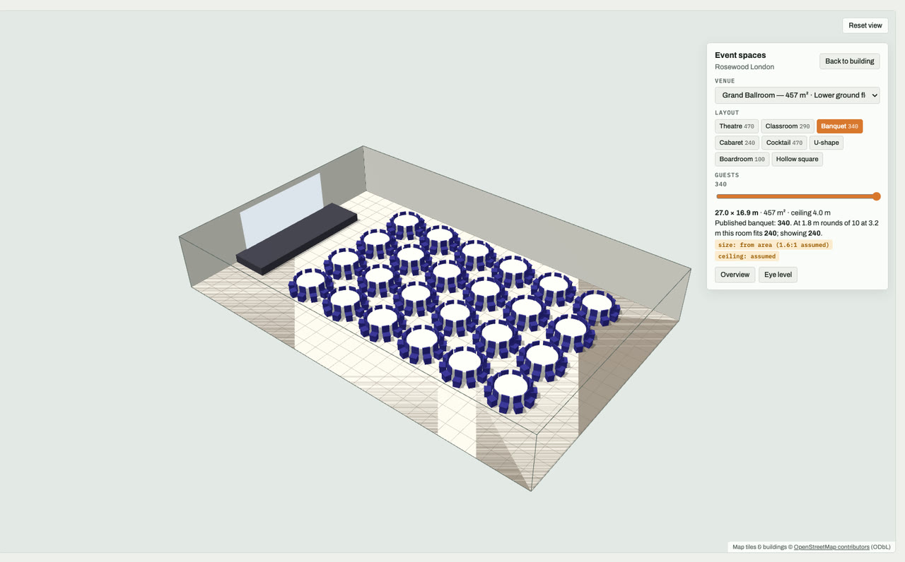 Grand Ballroom at Rosewood London, London, drawn to scale in 3D (27 × 17 m, 457 m², ceiling 4.0 m) and set for a banquet layout of 340 guests: navy chairs around white round tables facing a stage and screen. Event-space model by Budots Media.
