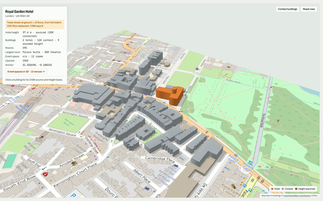 3D massing model of Royal Garden Hotel in London, UK, its tallest building about 37 m: the hotel's buildings in orange among grey neighbouring buildings on an OpenStreetMap street map. Model by Budots Media.