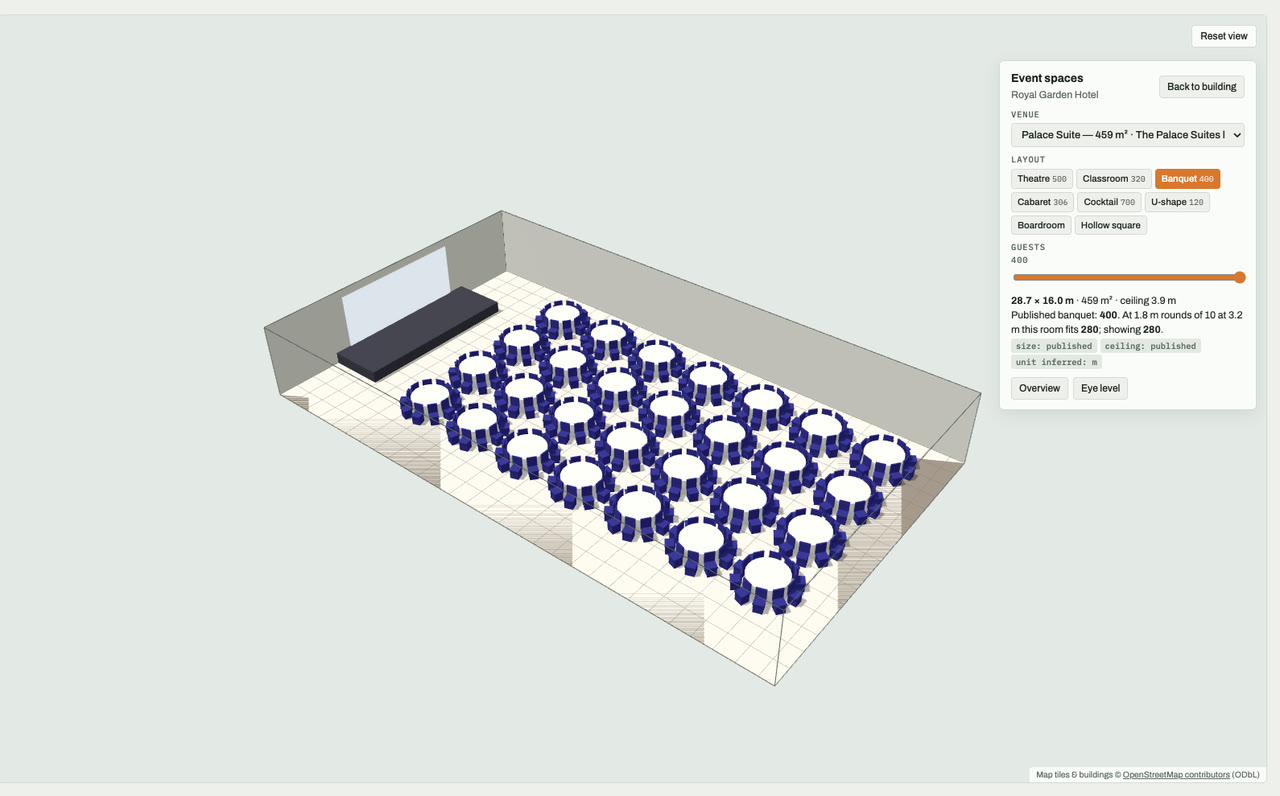 Palace Suite at Royal Garden Hotel, London, drawn to scale in 3D (29 × 16 m, 459 m², ceiling 3.9 m) and set for a banquet layout of 400 guests: navy chairs around white round tables facing a stage and screen. Event-space model by Budots Media.