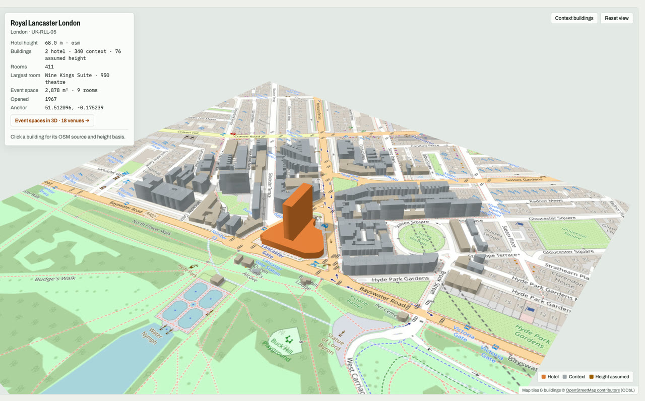 3D massing model of Royal Lancaster London in London, UK, its tallest building about 68 m: the hotel's buildings in orange among grey neighbouring buildings on an OpenStreetMap street map. Model by Budots Media.