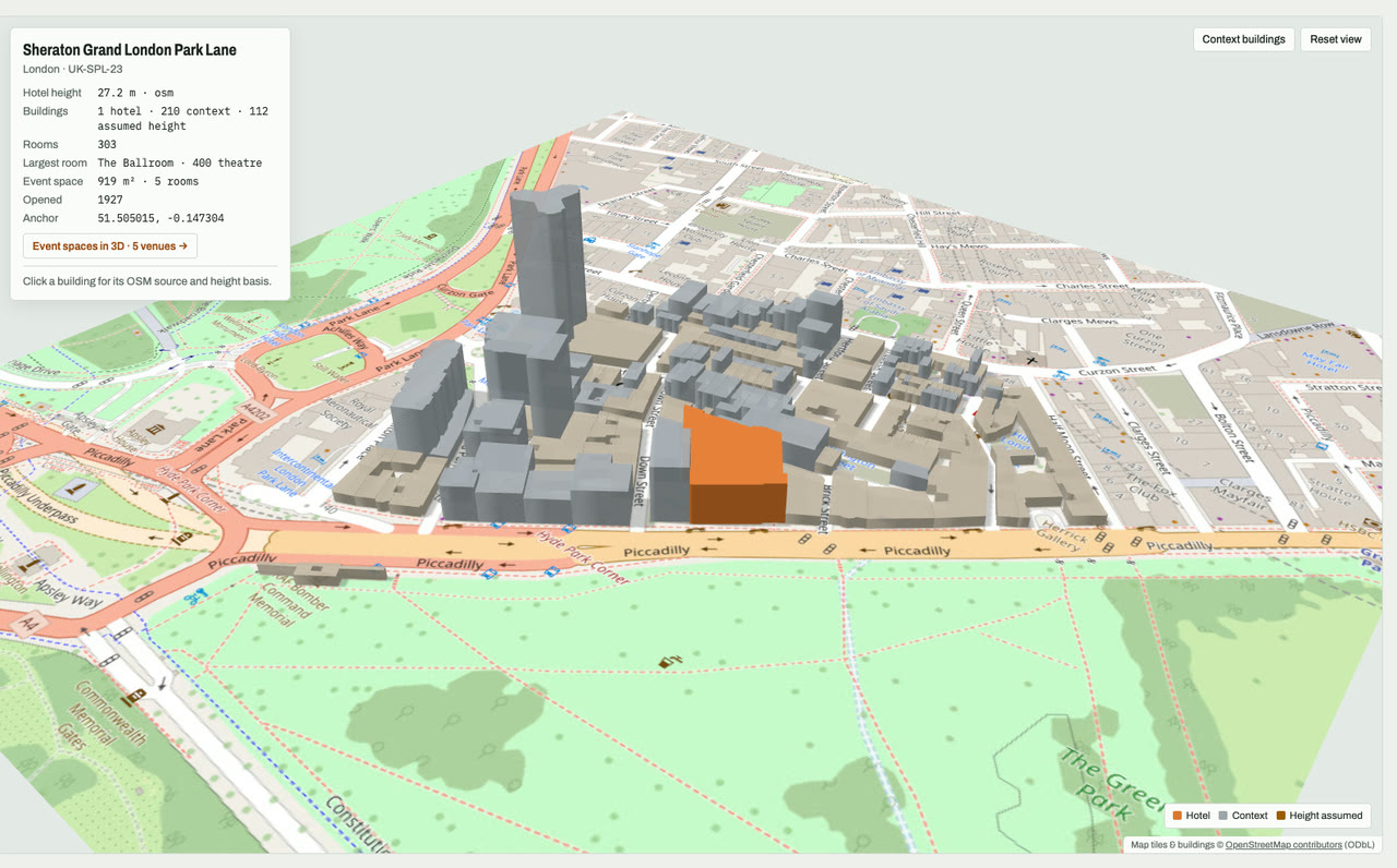 3D massing model of Sheraton Grand London Park Lane in London, UK, its tallest building about 27 m: the hotel's buildings in orange among grey neighbouring buildings on an OpenStreetMap street map. Model by Budots Media.