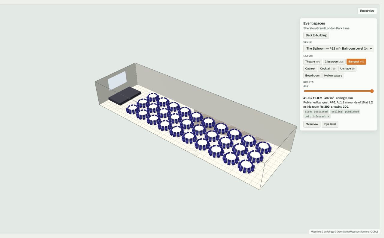 The Ballroom at Sheraton Grand London Park Lane, London, drawn to scale in 3D (41 × 12 m, 492 m², ceiling 6.0 m) and set for a banquet layout of 440 guests: navy chairs around white round tables facing a stage and screen. Event-space model by Budots Media.