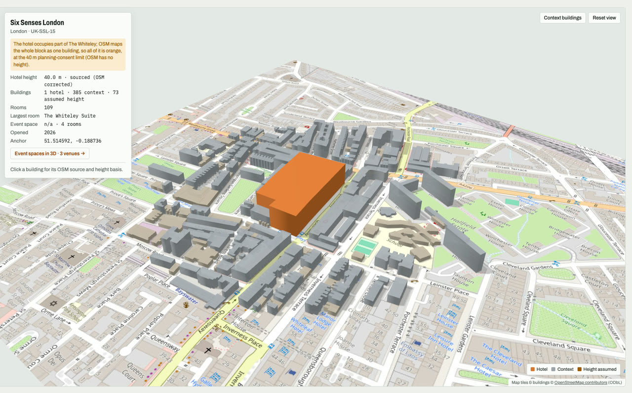 3D massing model of Six Senses London in London, UK, its tallest building about 40 m: the hotel's buildings in orange among grey neighbouring buildings on an OpenStreetMap street map. Model by Budots Media.