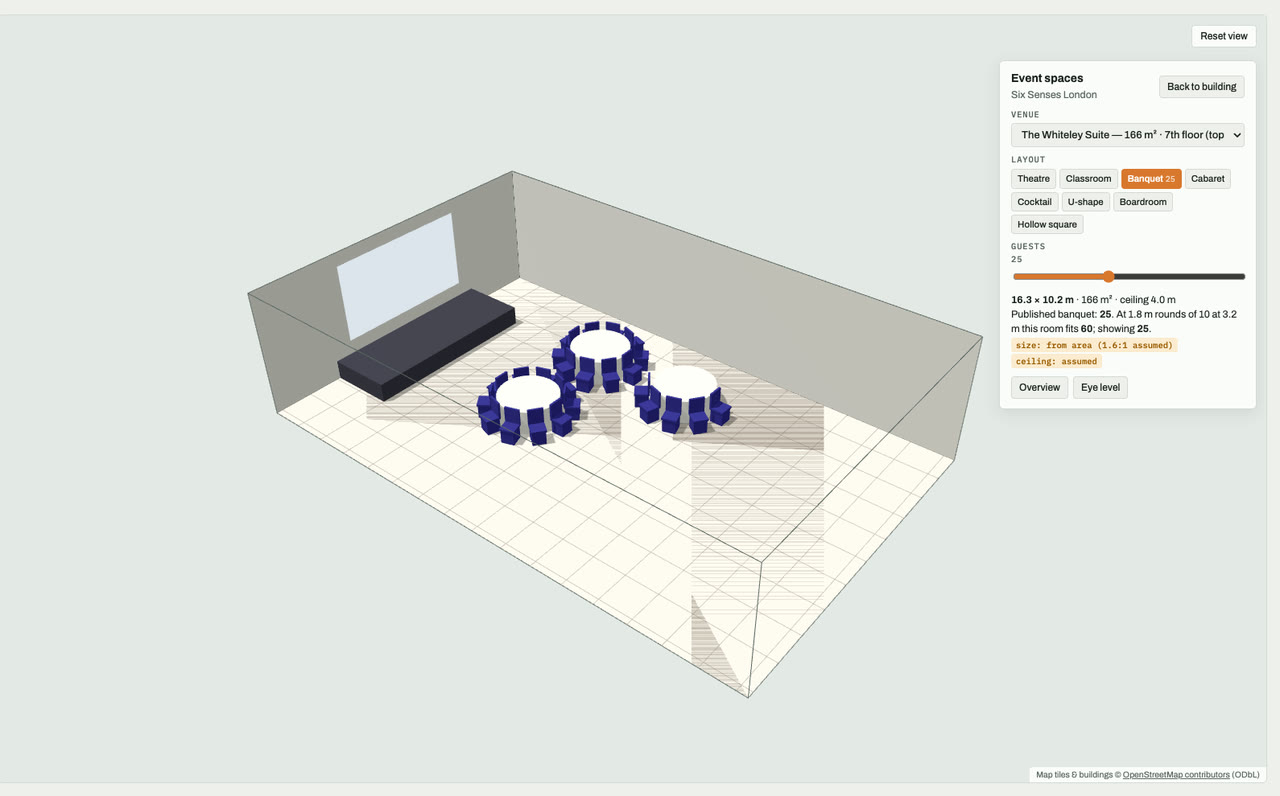 The Whiteley Suite at Six Senses London, London, drawn to scale in 3D (16 × 10 m, 166 m², ceiling 4.0 m) and set for a banquet layout of 25 guests: navy chairs around white round tables facing a stage and screen. Event-space model by Budots Media.