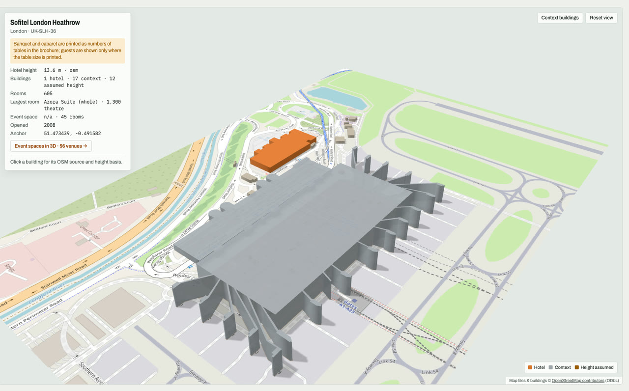 3D massing model of Sofitel London Heathrow in London, UK, its tallest building about 14 m: the hotel's buildings in orange among grey neighbouring buildings on an OpenStreetMap street map. Model by Budots Media.
