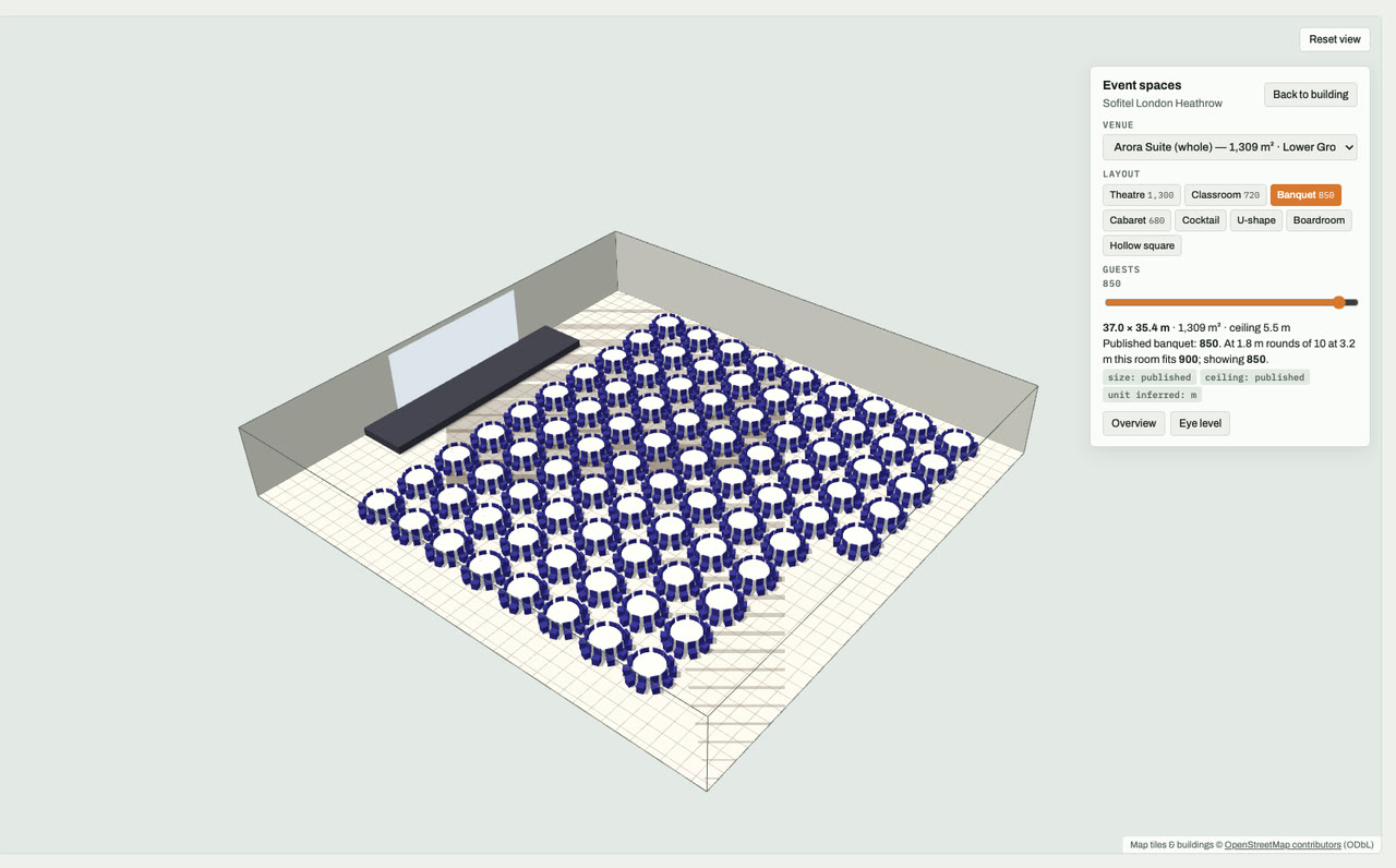 Arora Suite (whole) at Sofitel London Heathrow, London, drawn to scale in 3D (37 × 35 m, 1,309 m², ceiling 5.5 m) and set for a banquet layout of 850 guests: navy chairs around white round tables facing a stage and screen. Event-space model by Budots Media.