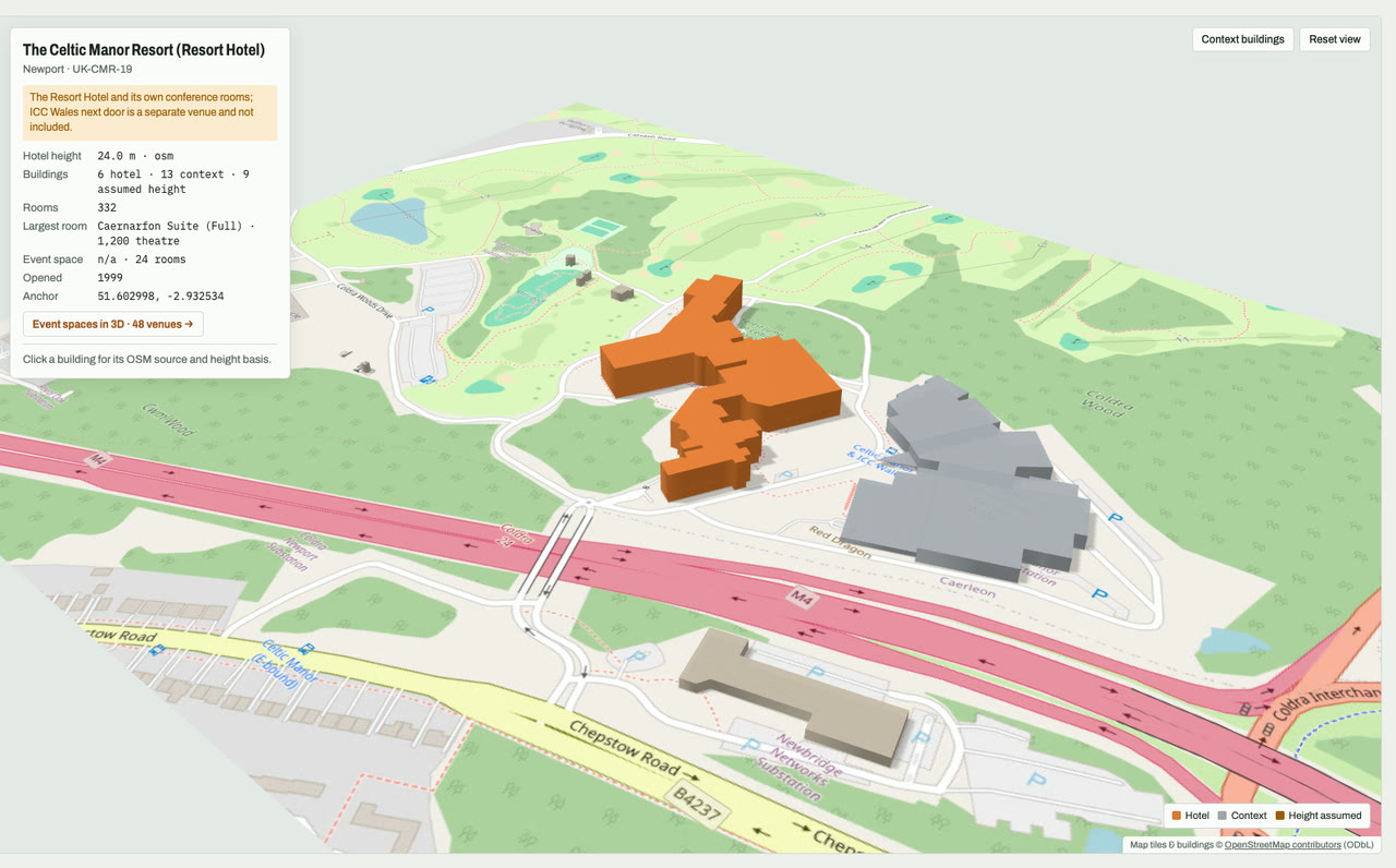 3D massing model of The Celtic Manor Resort (Resort Hotel) in Newport, Wales, UK, its tallest building about 24 m: the hotel's buildings in orange among grey neighbouring buildings on an OpenStreetMap street map. Model by Budots Media.