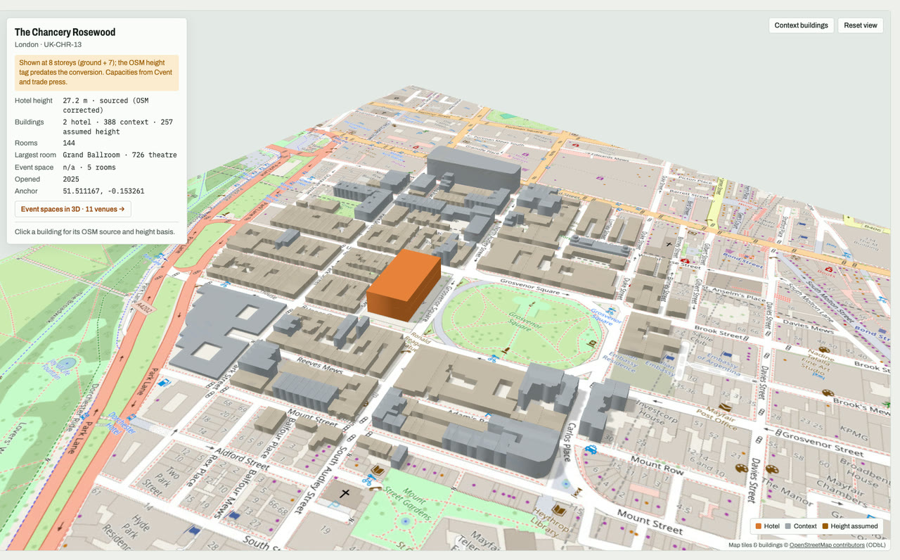 3D massing model of The Chancery Rosewood in London, UK, its tallest building about 27 m: the hotel's buildings in orange among grey neighbouring buildings on an OpenStreetMap street map. Model by Budots Media.