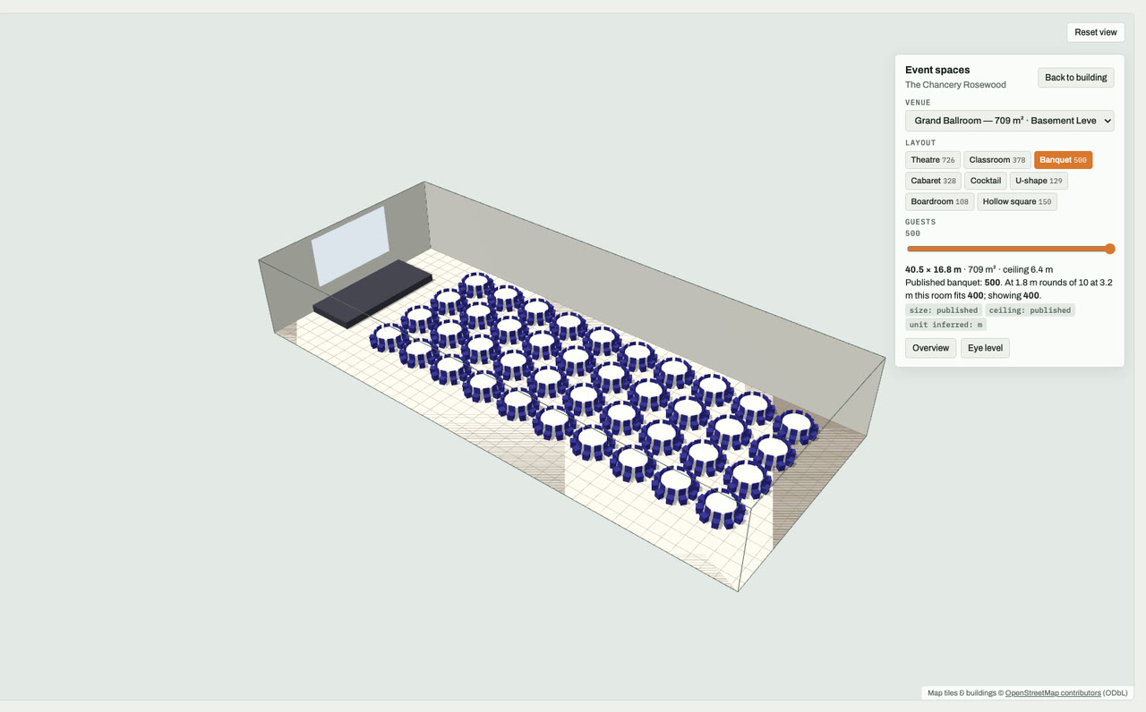 Grand Ballroom at The Chancery Rosewood, London, drawn to scale in 3D (41 × 17 m, 709 m², ceiling 6.4 m) and set for a banquet layout of 500 guests: navy chairs around white round tables facing a stage and screen. Event-space model by Budots Media.