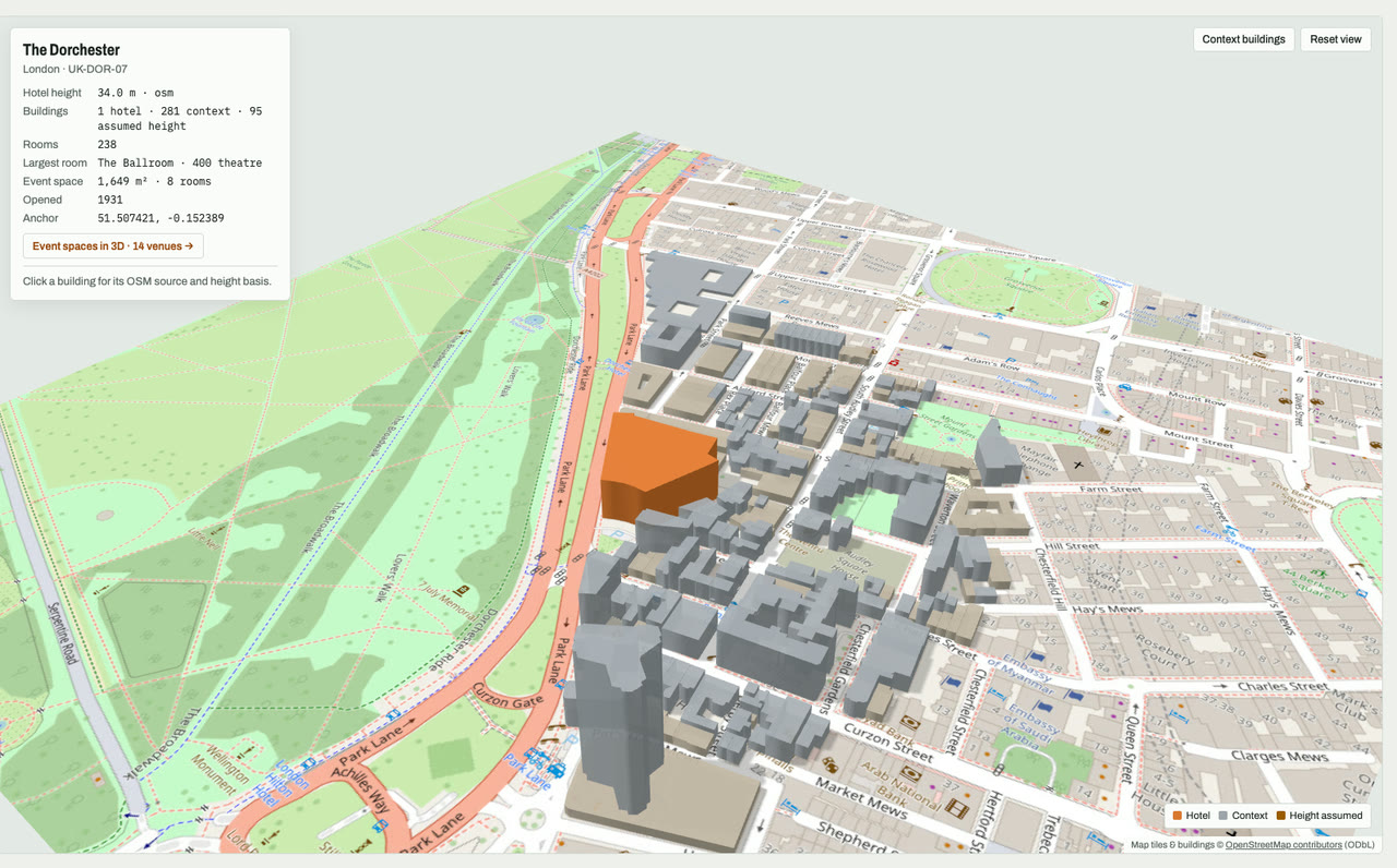 3D massing model of The Dorchester in London, UK, its tallest building about 34 m: the hotel's buildings in orange among grey neighbouring buildings on an OpenStreetMap street map. Model by Budots Media.