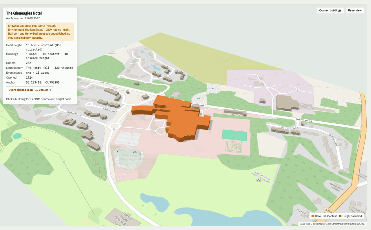 3D massing model of The Gleneagles Hotel in Auchterarder, Scotland, UK, its tallest building about 14 m: the hotel's buildings in orange among grey neighbouring buildings on an OpenStreetMap street map. Model by Budots Media.