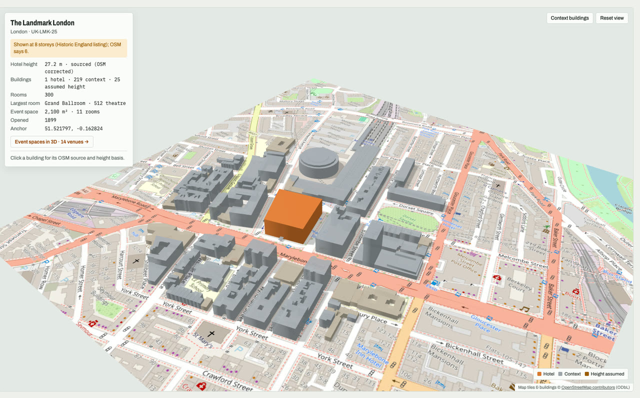 3D massing model of The Landmark London in London, UK, its tallest building about 27 m: the hotel's buildings in orange among grey neighbouring buildings on an OpenStreetMap street map. Model by Budots Media.